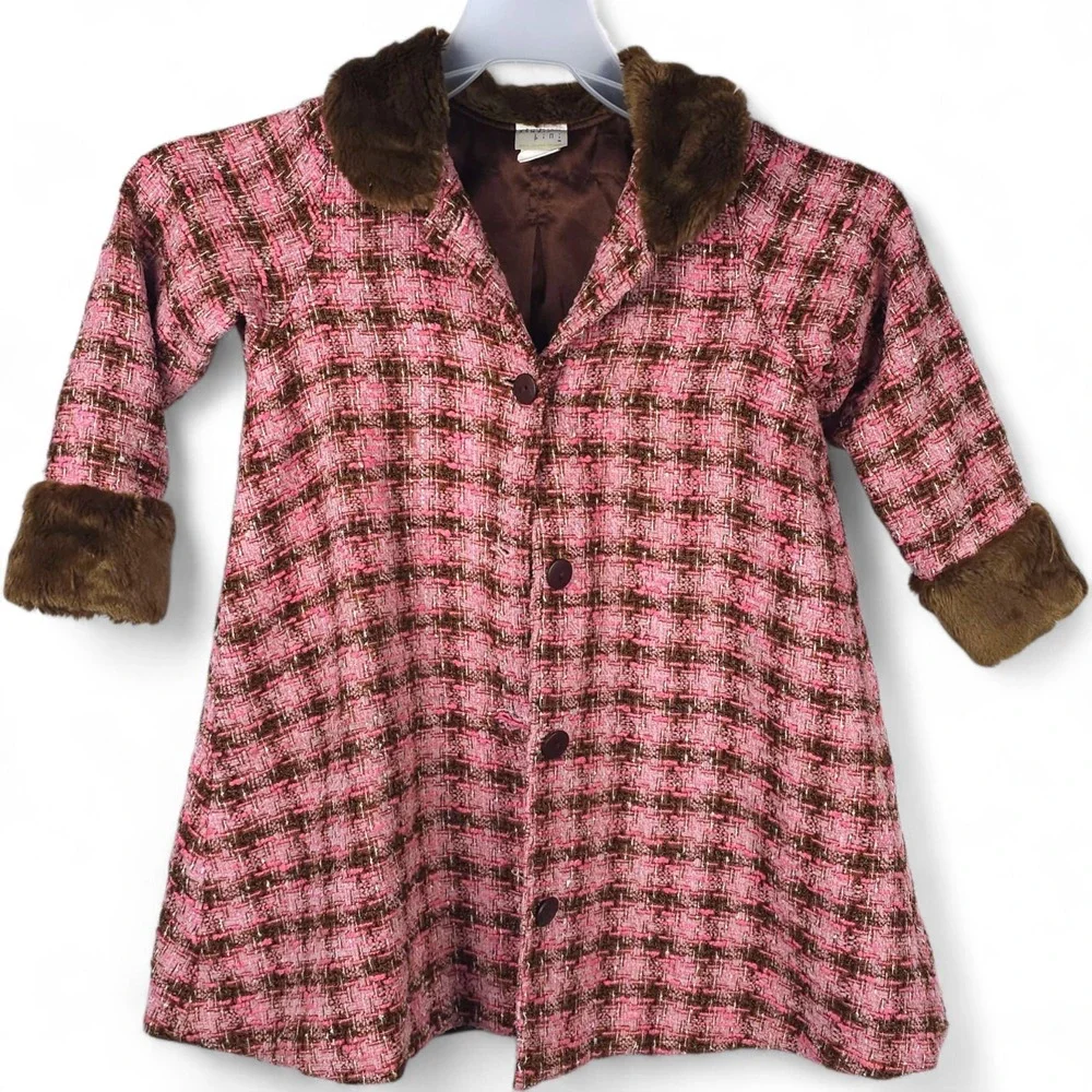 Studio Bini Vintage Girls 4T Pink Tweed Faux Fur Coat Jacket Brown USA
